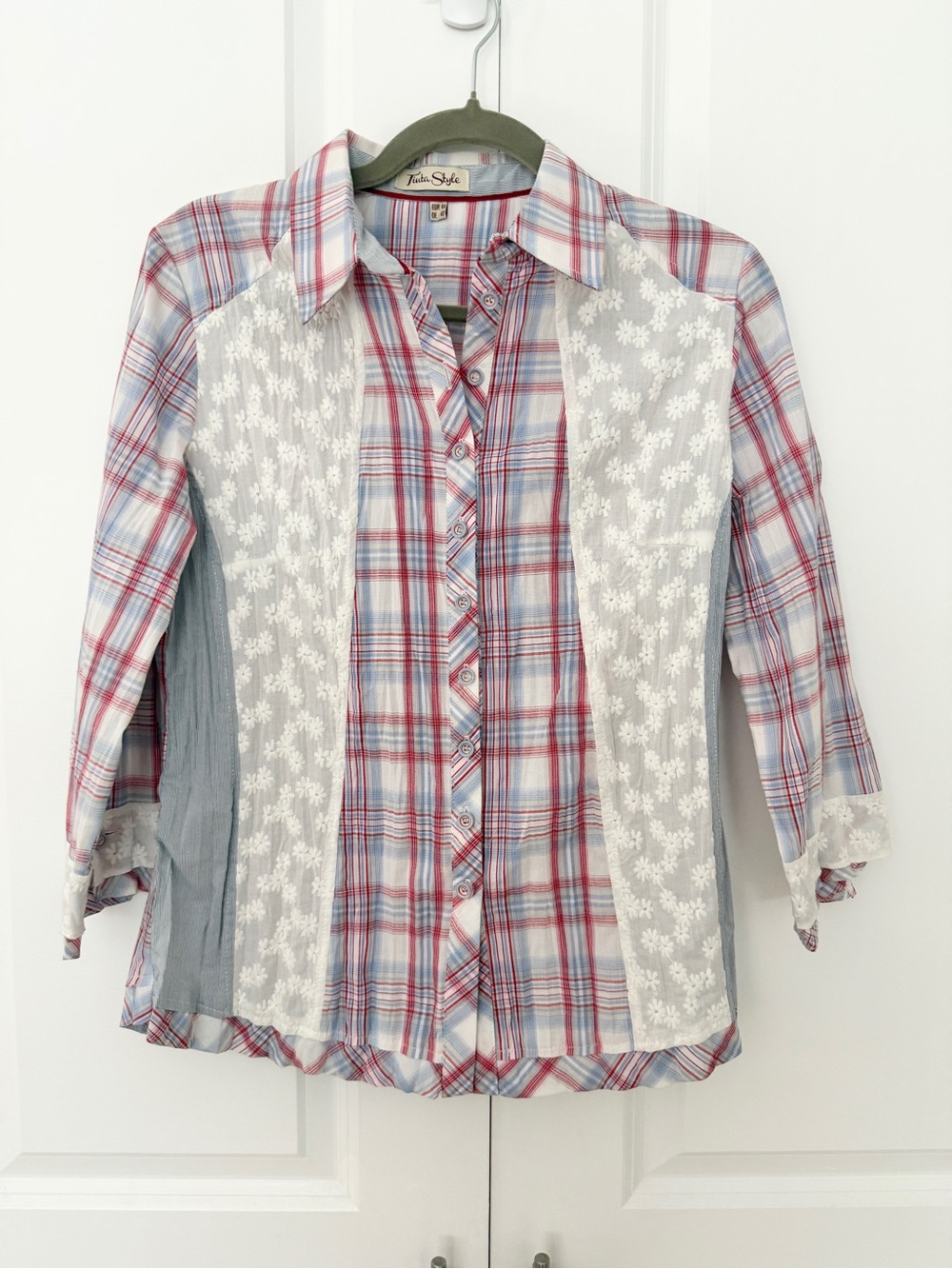 Tinta Style Western Plaid Embroidered Lace Button-Up Blouse EU 44 /DE 40/~US 10